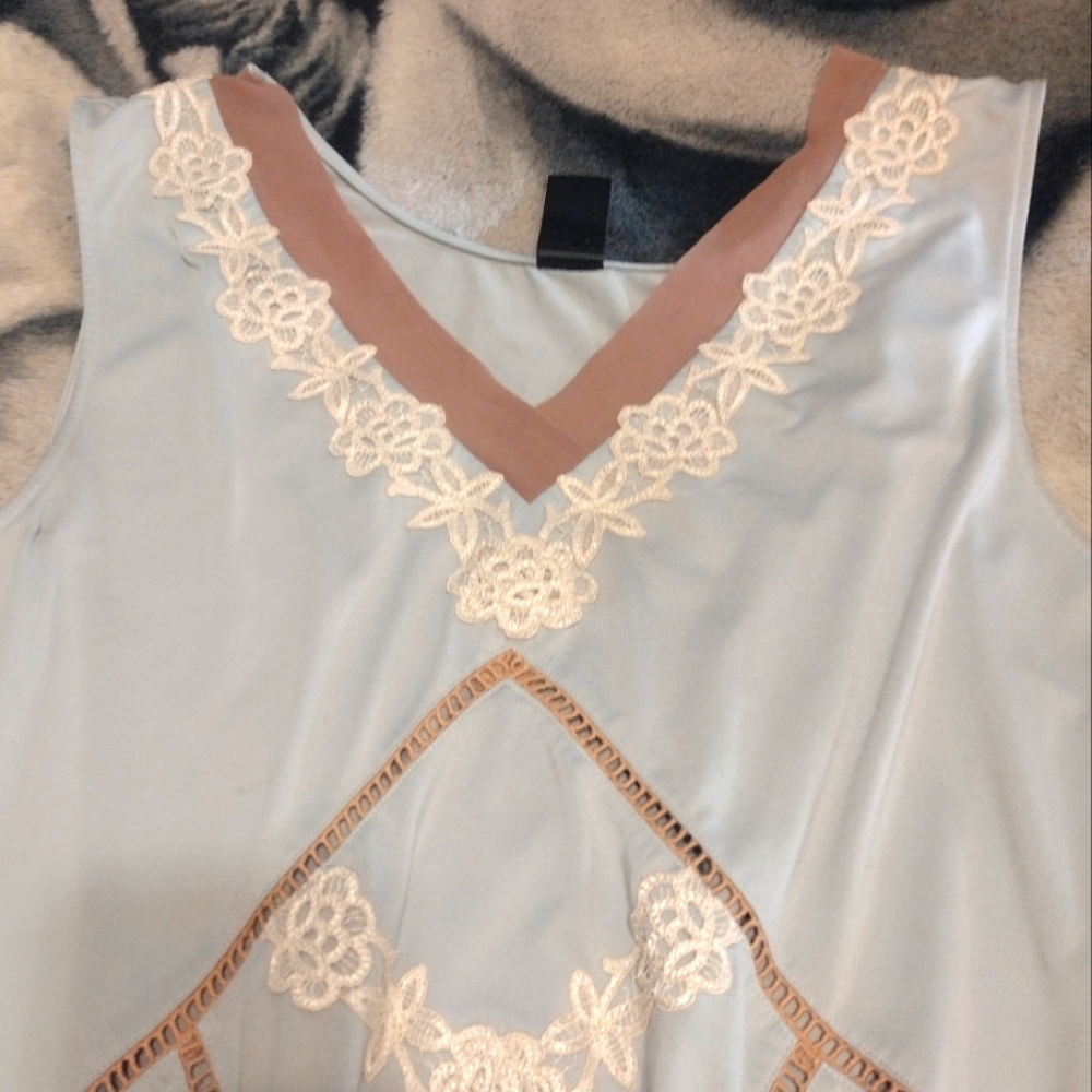 Light Blue Chemise with Cream Lace & Beige Trim